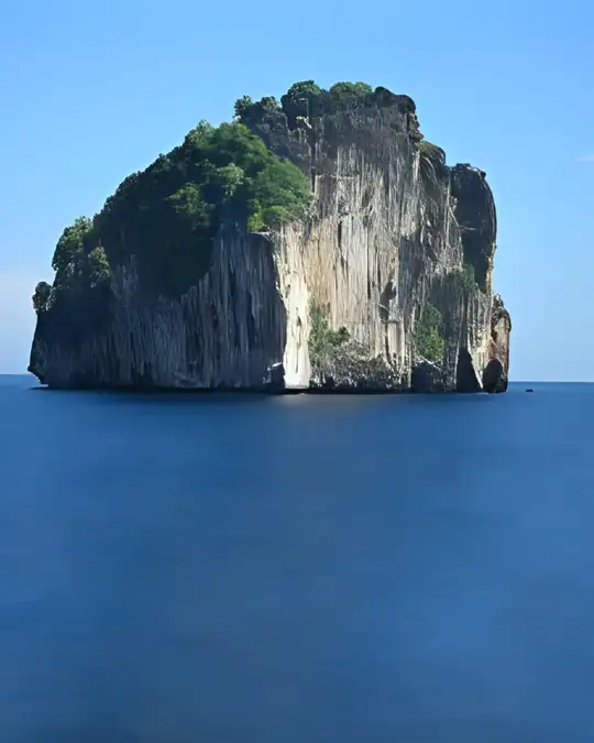 a limestone island with sheer cliff face, covered in hardy tropical trees