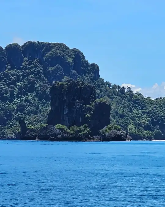 Two limestone islands covered in tropical vegetation surrounded by blue sea