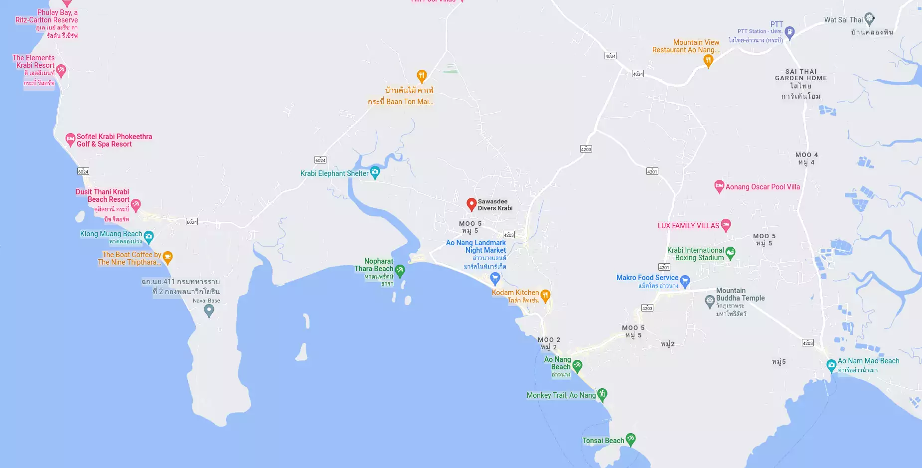 Map of the coastal area of Krabi from Railay Bay to Ao Nang and Khlong Muang Beach