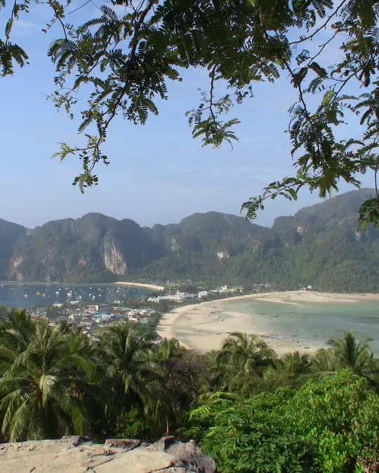 Tonsai, Koh Phi Phi Don a view from a hill overlooking a tropical island with two pays with sandy beaches