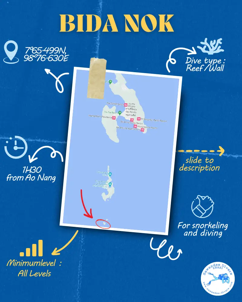 Map and details of Bida Nok Dive Site