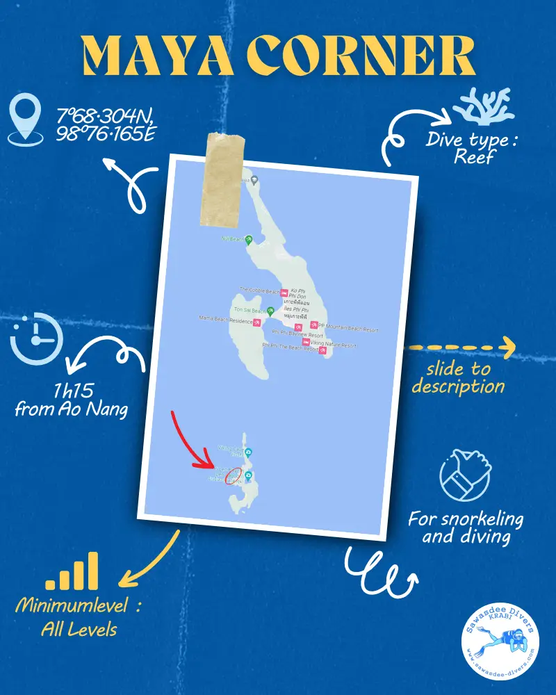 Map and details of Maya Corner Dive Site